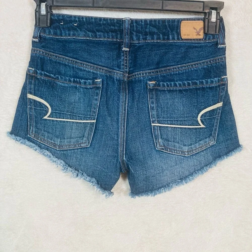 American Eagle Festival Shorts Women 0 Blue Hi-Rise Denim Cut Offs Super Stretch